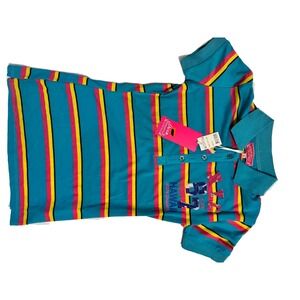 Womens Polo Shirt Blue Multicolor Striped Hawaii Surf 1987 NYC